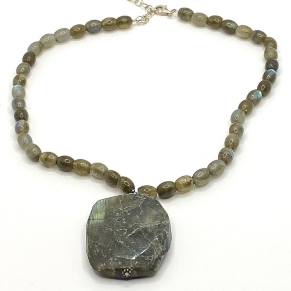 Natural Labradorite Beaded Necklace Faceted Pendant 16" +1.5” 925 Silver - Picture 4 of 9